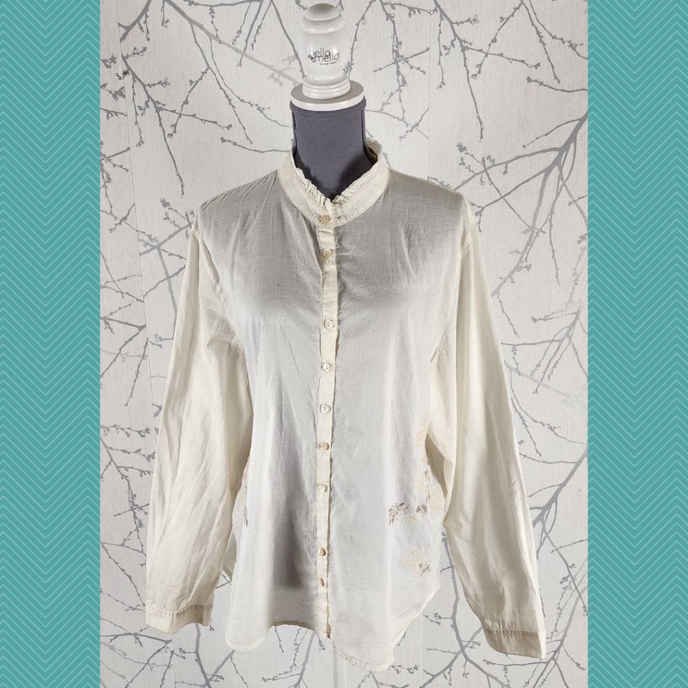 J. Jill White Ivory Cotton Floral Embroidered Sheer Button Up Shirt